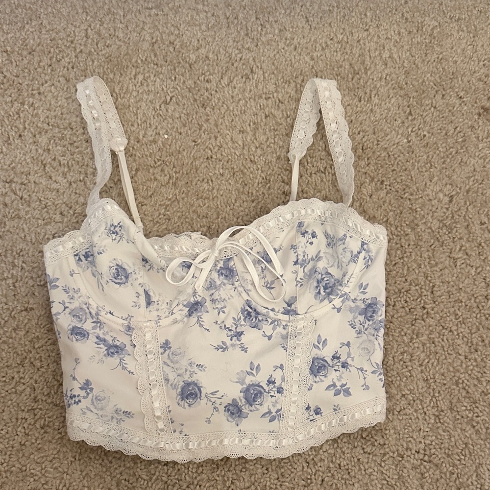 Floral Lace Trim Crop Top - White and Blue